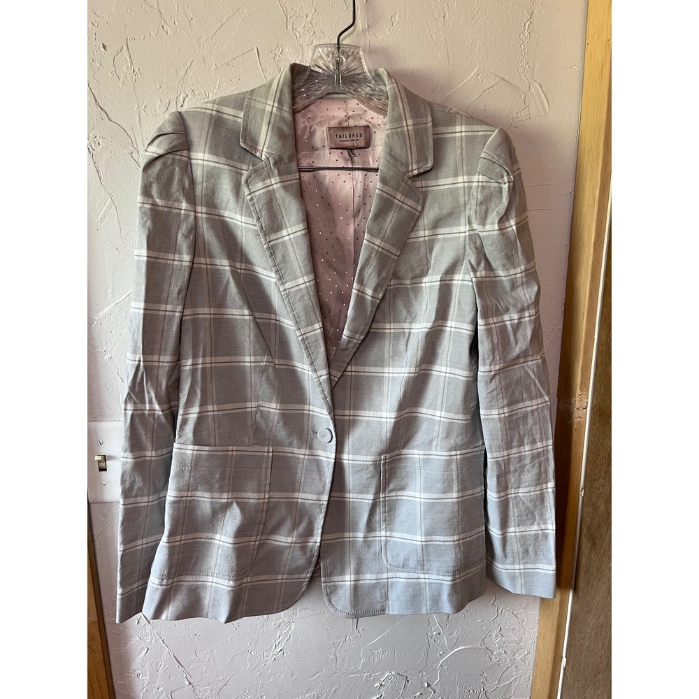 Rebecca Taylor Tailored Grey Plaid Linen Blend Puff Shoulder Blazer Jacket 10